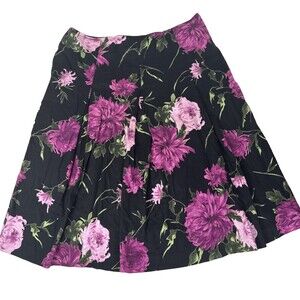 Talbots Pleated Midi Skirt Black W/ Floral  Fully Lined Zip Closure Women’s 12